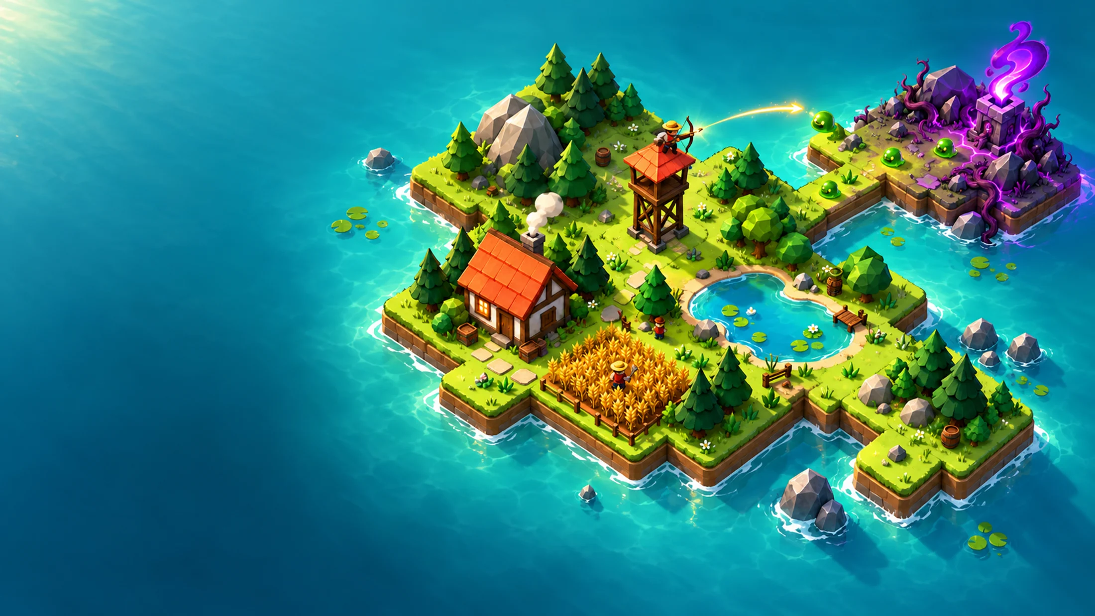Promotional illustration of a tiny island village, a guard tower and a glowing purple curse in a turquoise ocean